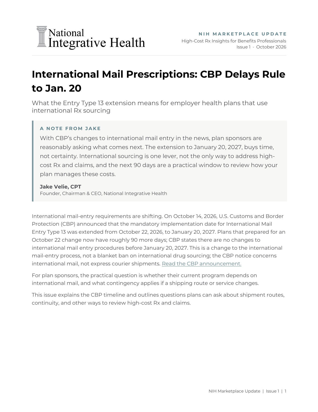 Cover of the National Integrative Health NIH Marketplace Update, Issue 1: International Mail Prescriptions