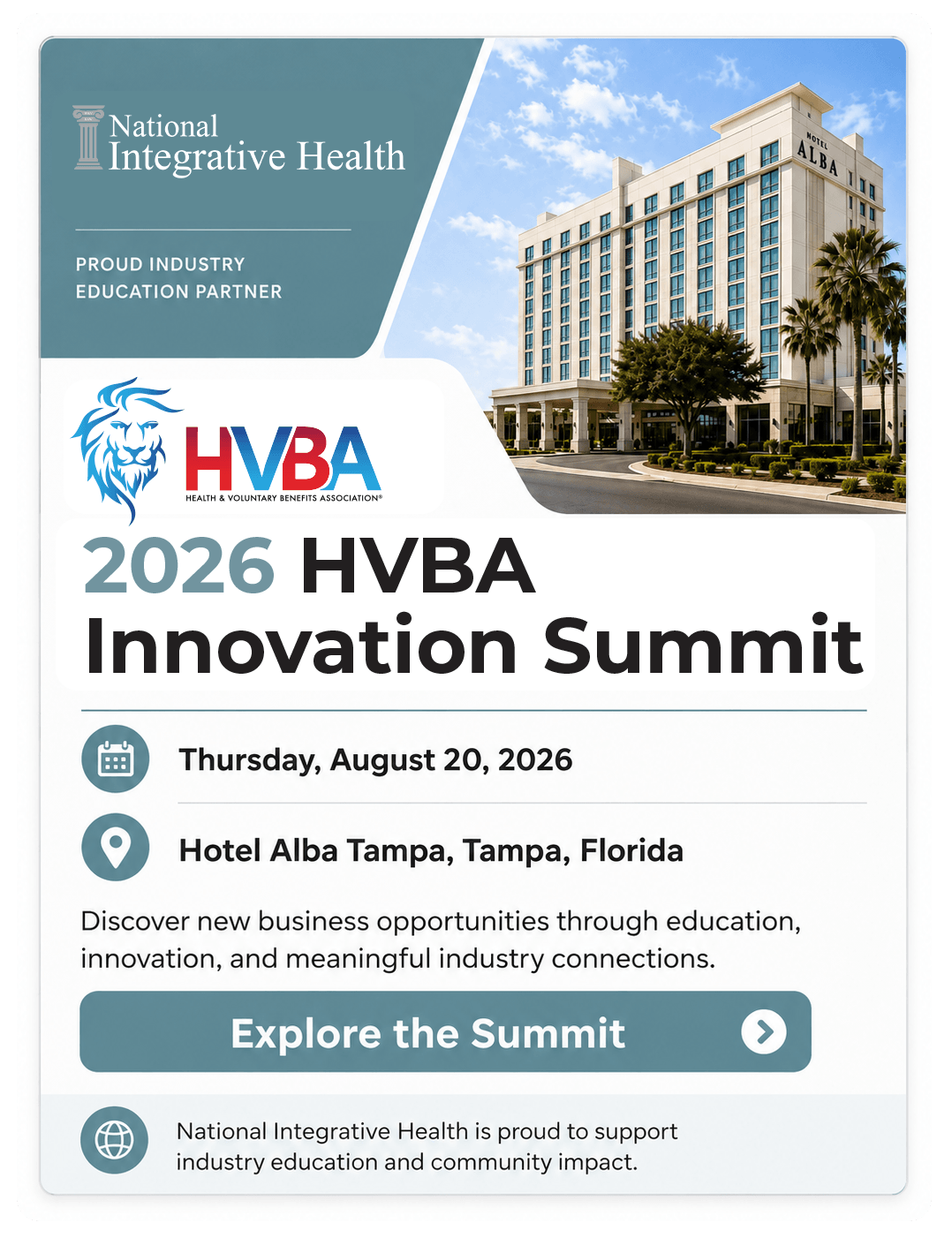 NIH industry education partner promotion for the 2026 HVBA Innovation Summit at Hotel Alba Tampa on August 20, 2026.